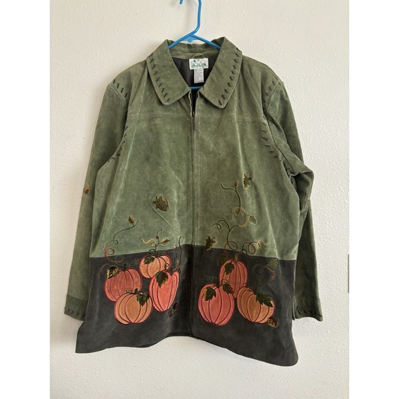 Quacker Factory Womens XL Sage Green Suede Leather Jacket Pumpkins Autumn - Picture 1 of 10